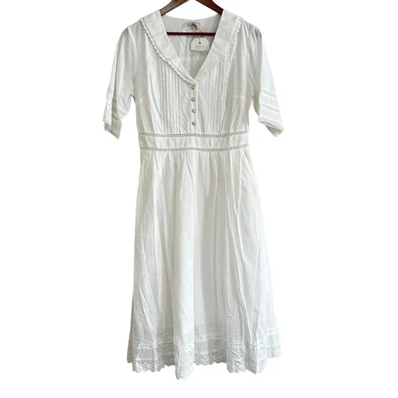 Simple Retro Fiona V Neck White Cotton Eyelet Lace Sailor Collar Midi Dress NWT - Picture 2 of 13